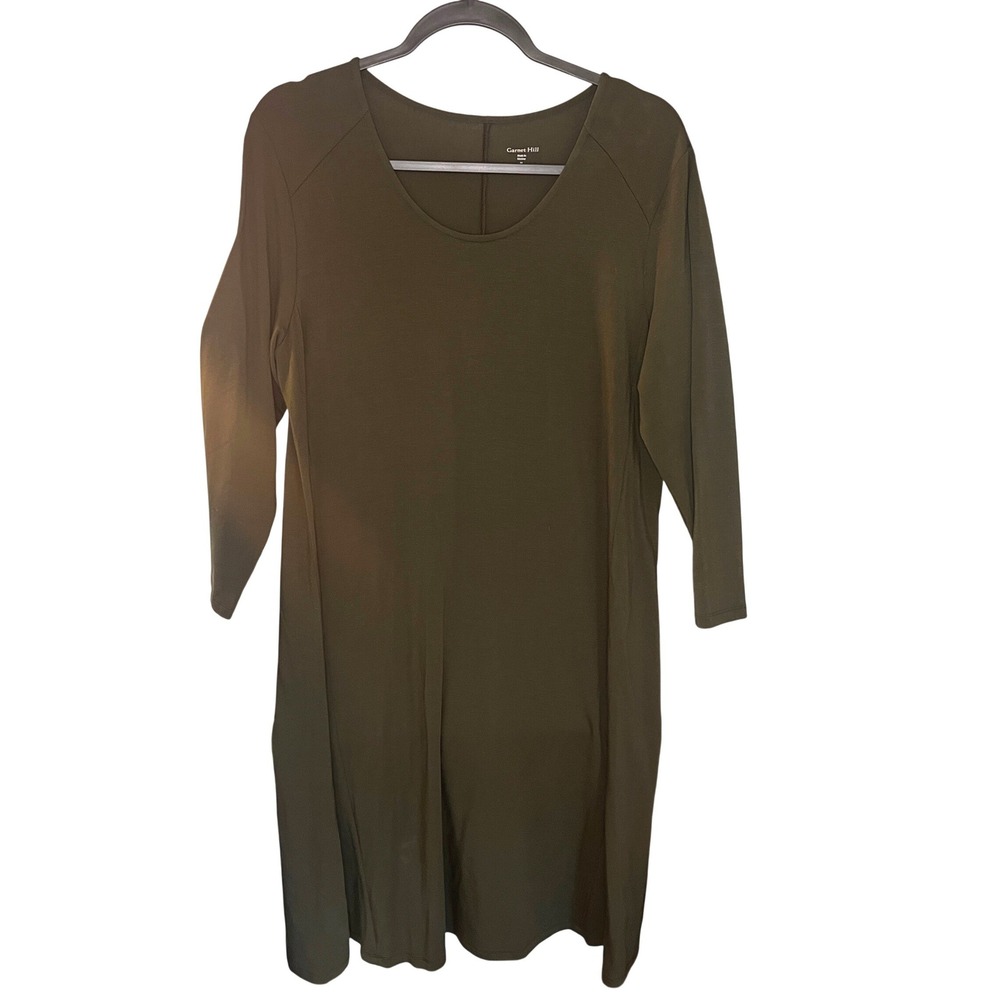 Garnet Hill Olive Green Tencel Lyocell Knit Long Sleeve A-Line Dress Medium